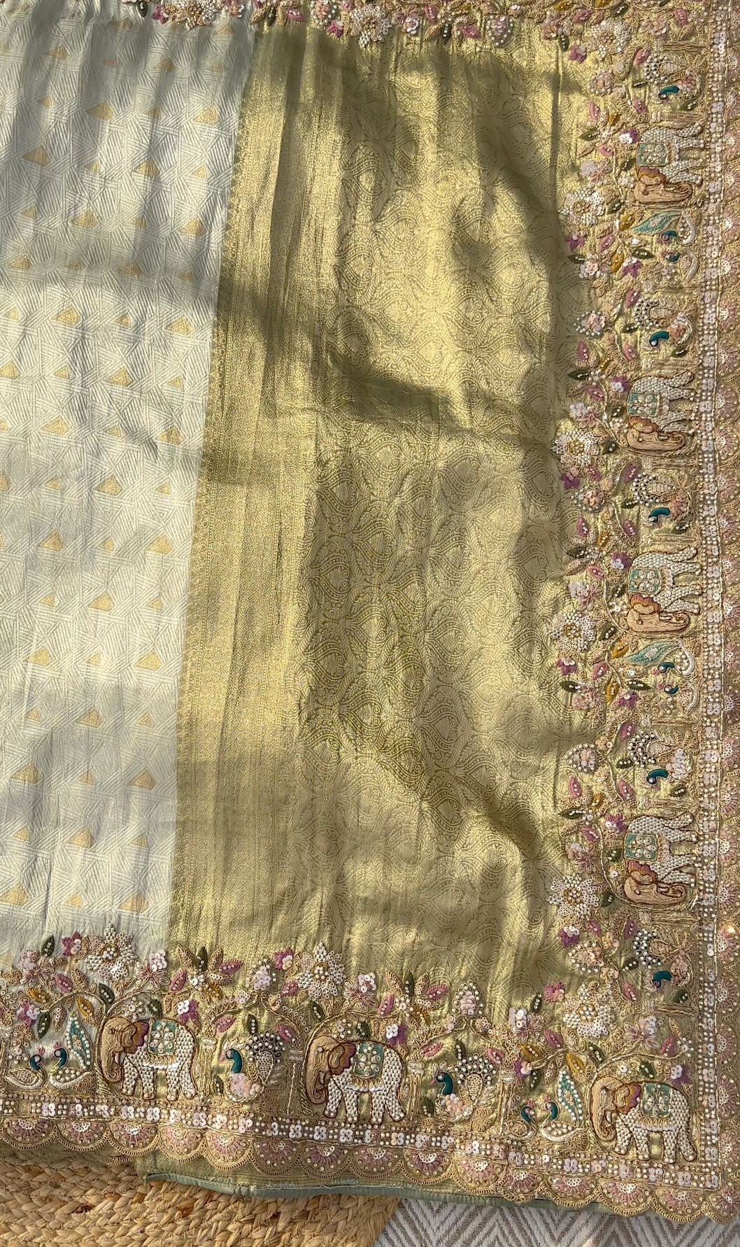 Muted Olive Gold Tissue Silk Saree Embellished with Zari, Cutdana & Zarkan Work